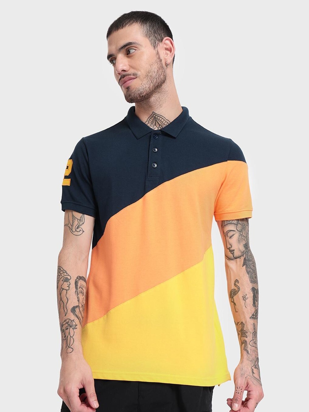 

Bewakoof Men Orange Colourblocked Polo Collar Cotton T-shirt