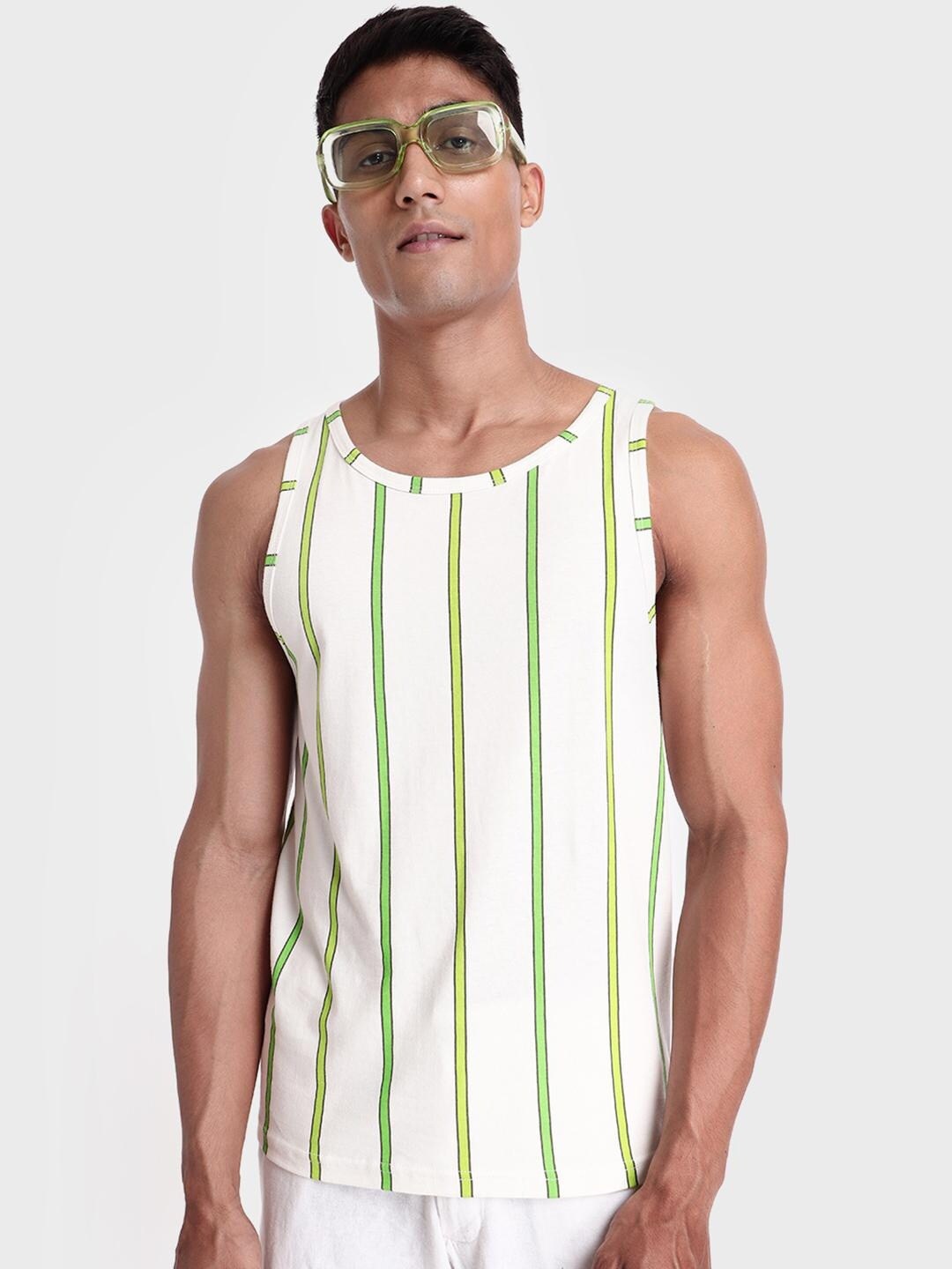 

Bewakoof Men White & Green Striped Vest T-shirt