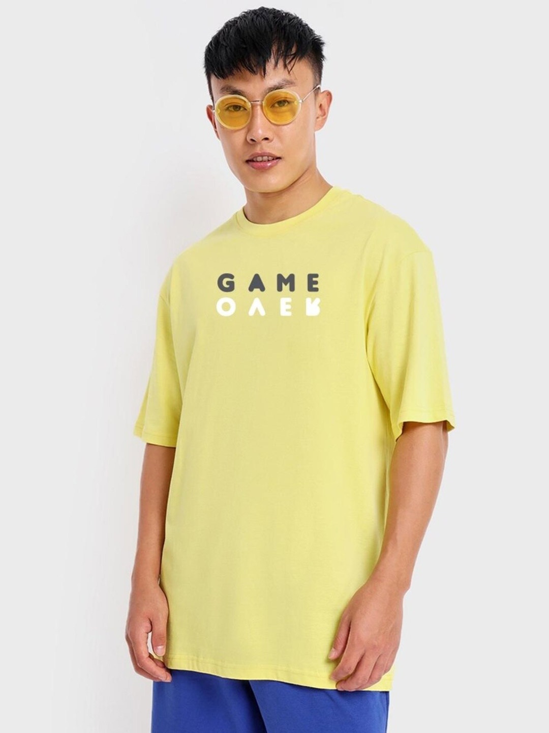 

Bewakoof Men Yellow Typography Printed Loose Cotton T-shirt