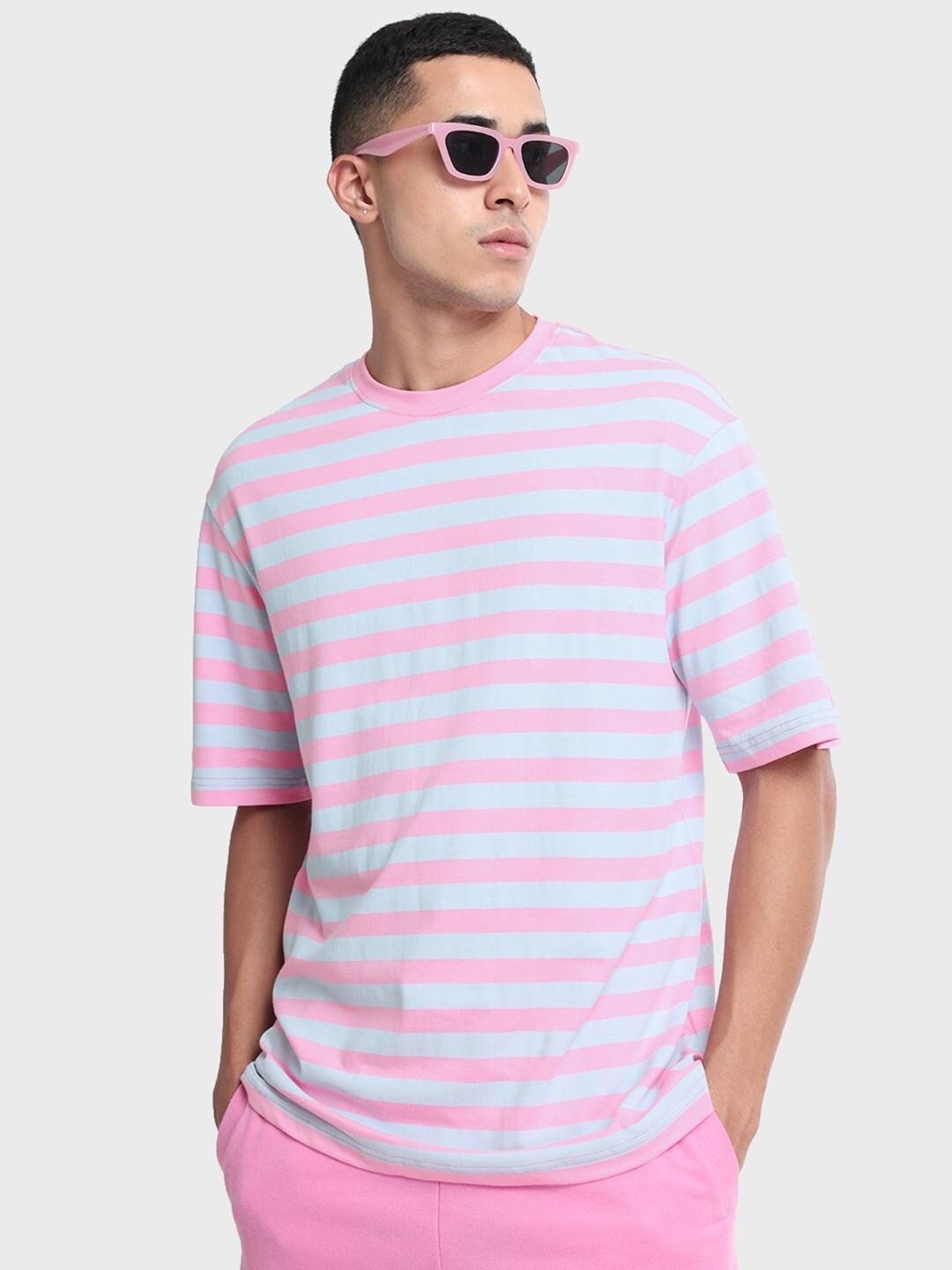 

Bewakoof Men Pink & Blue Striped Pure Cotton Oversized T-shirt