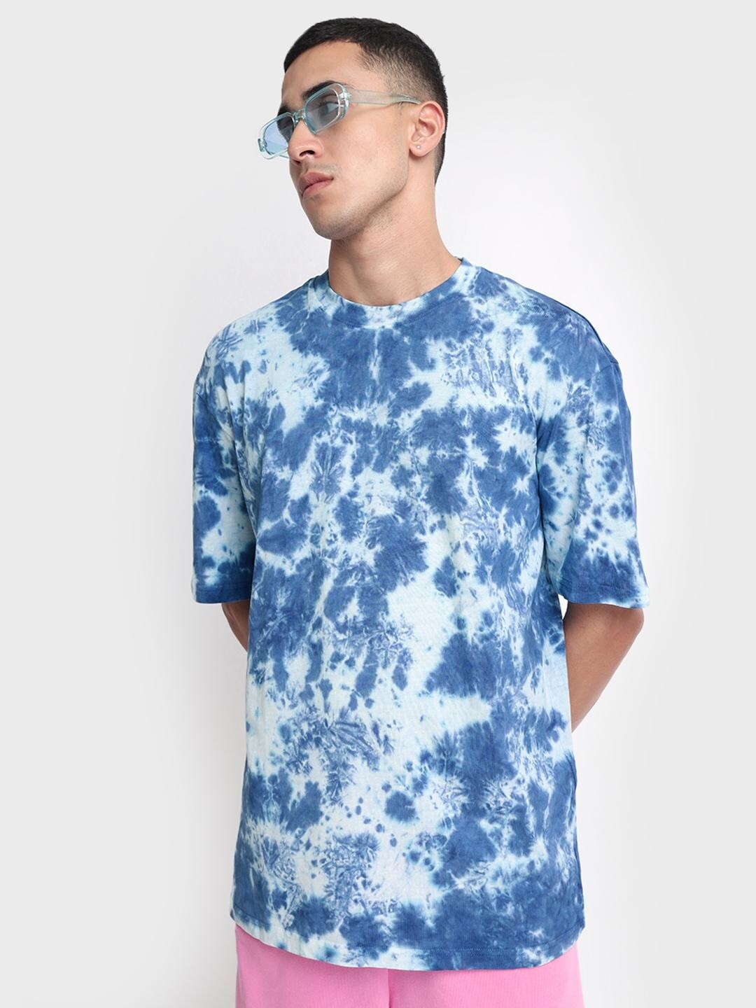 

Bewakoof Men White & Blue Tie and Dye Dyed Oversized Cotton T-shirt