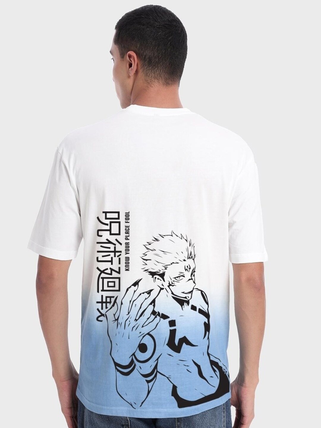 

Bewakoof Men White & Blue Tie & Dye Graphic Printed Cotton Oversized T-shirt