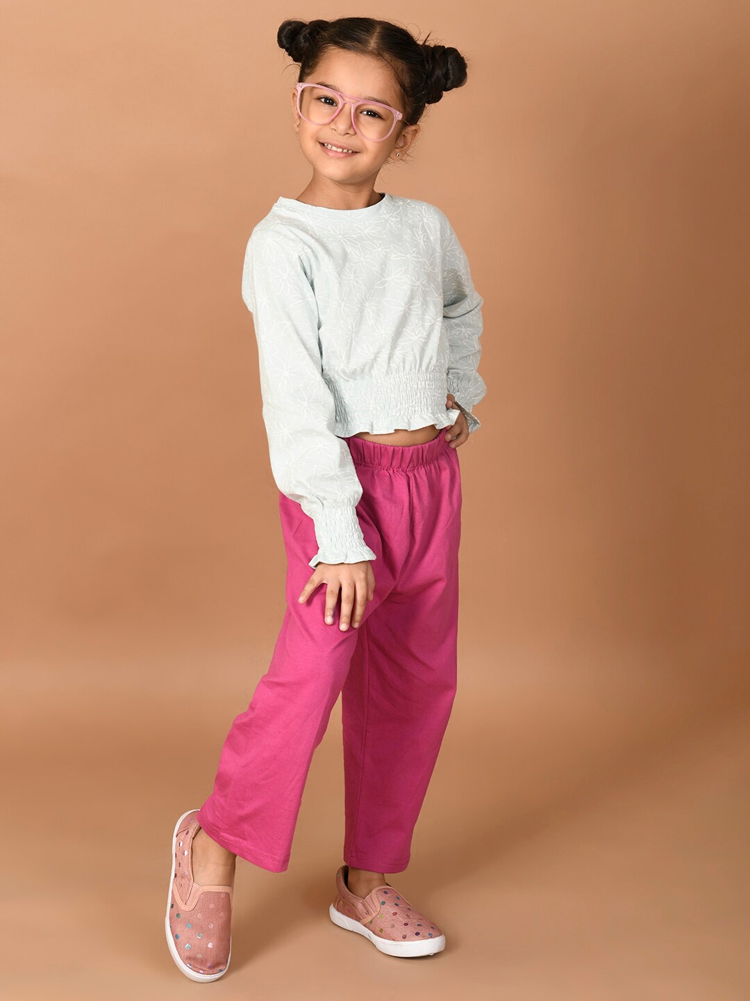 

LilPicks Girls White & Pink Printed Pure Cotton Top with Trousers