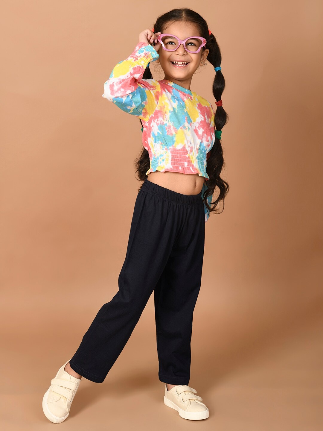 

LilPicks Girls Blue & Yellow Tie Dye Smoking Top with Palazzos