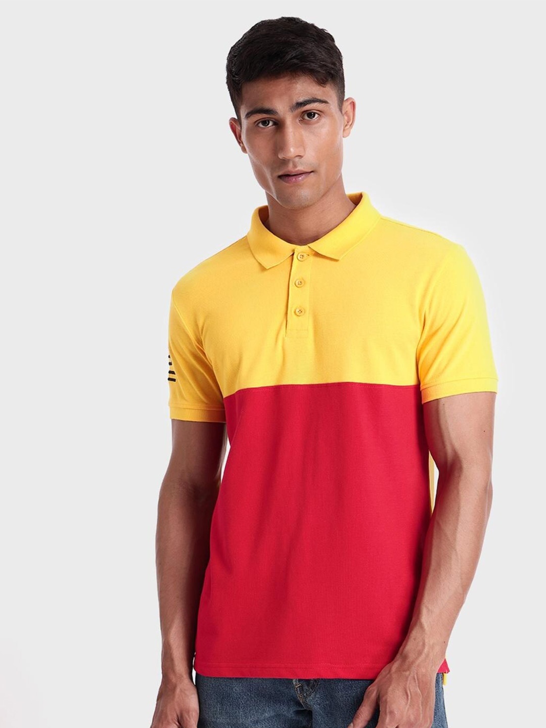 

Bewakoof Plus Men Yellow & Red Colourblocked Polo Collar Cotton T-shirt