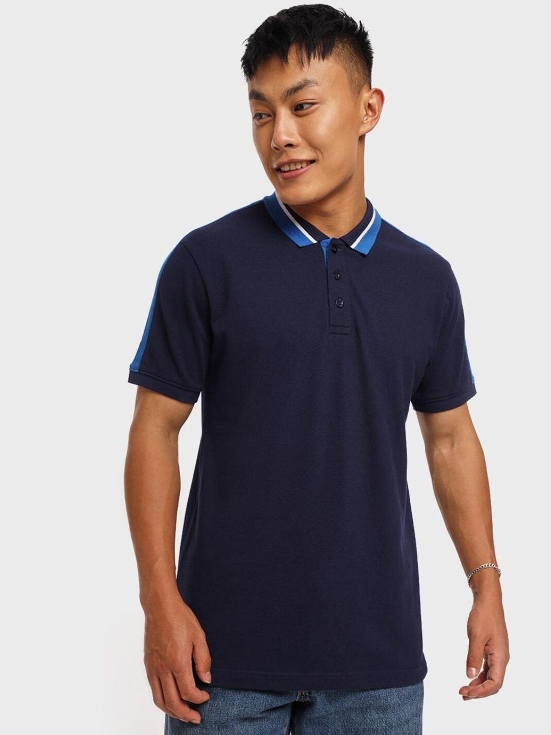 

Bewakoof Plus Men Plus Size Navy Blue Polo Collar Cotton T-shirt
