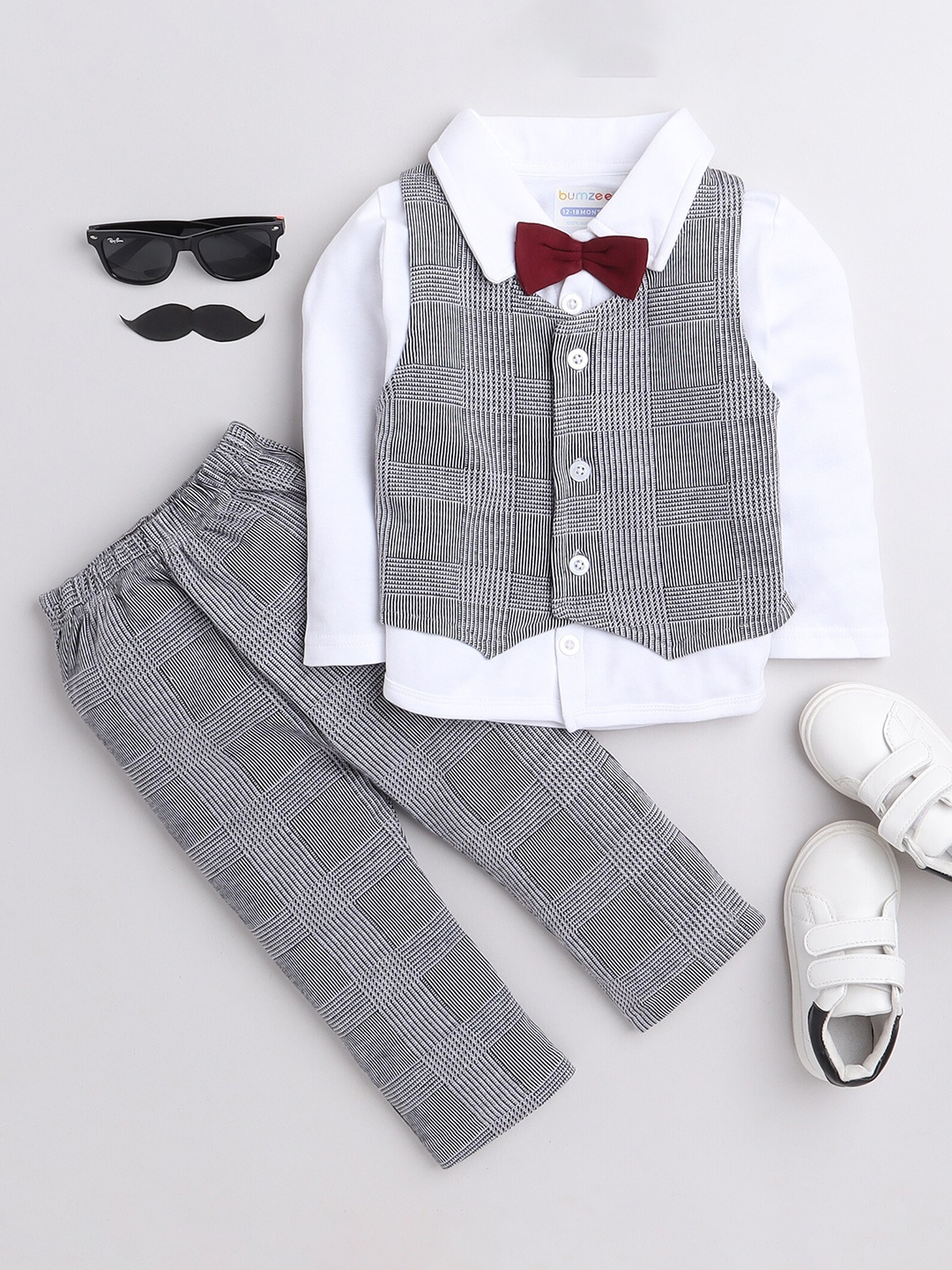 

BUMZEE Boys Grey & White Pure Cotton Shirt with Trousers With Applique Bow