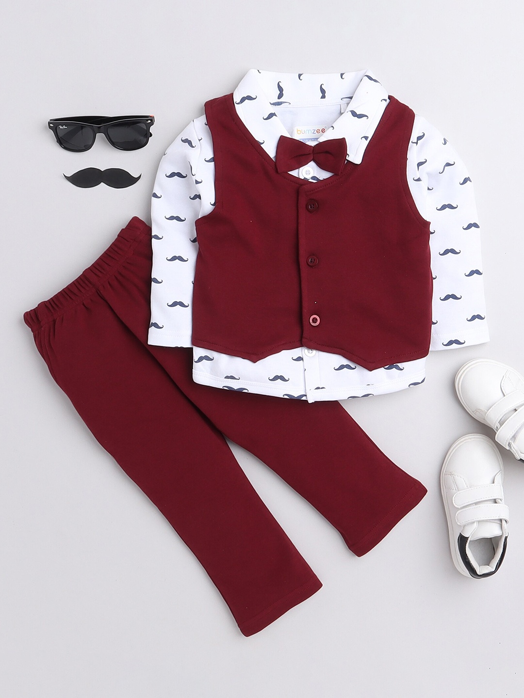 

BUMZEE Boys Maroon & White Printed Shirt with Trousers