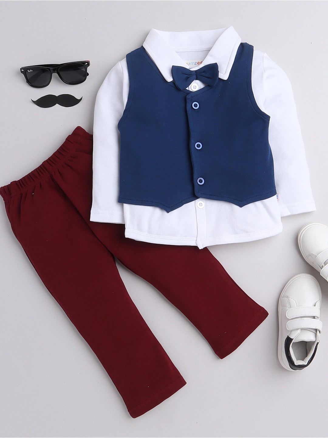 

BUMZEE Boys Maroon & White Pure Cotton Shirt with Trousers