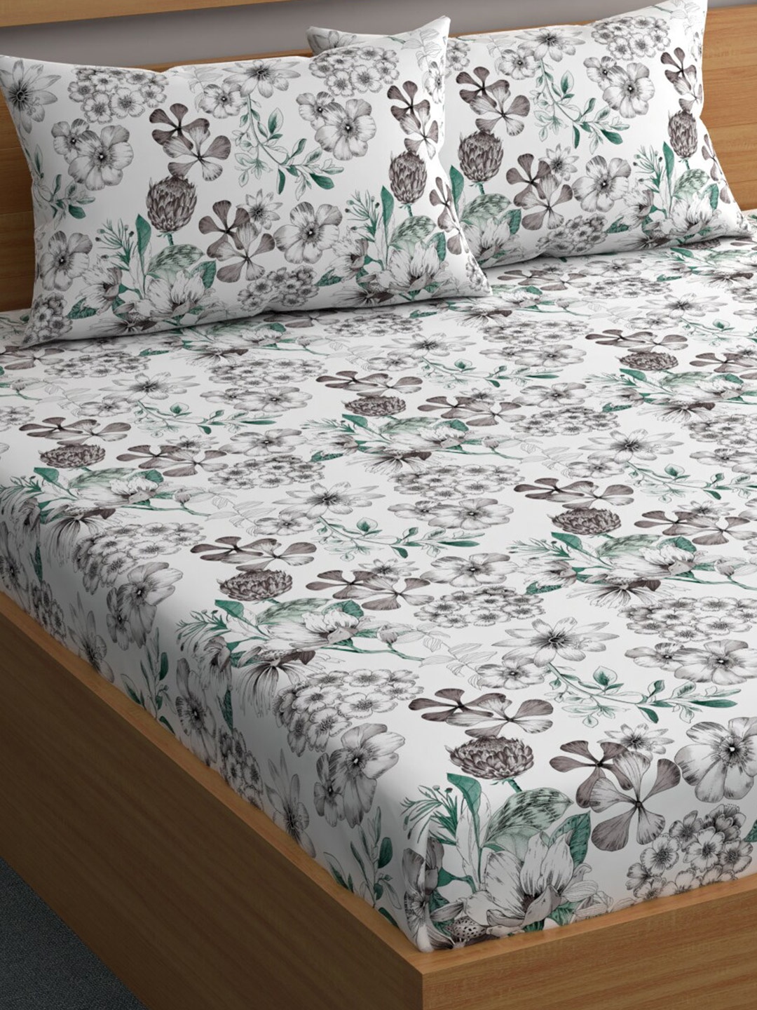 

CHHAVI INDIA Grey & Green Floral 210 TC Queen Bedsheet with 2 Pillow Covers