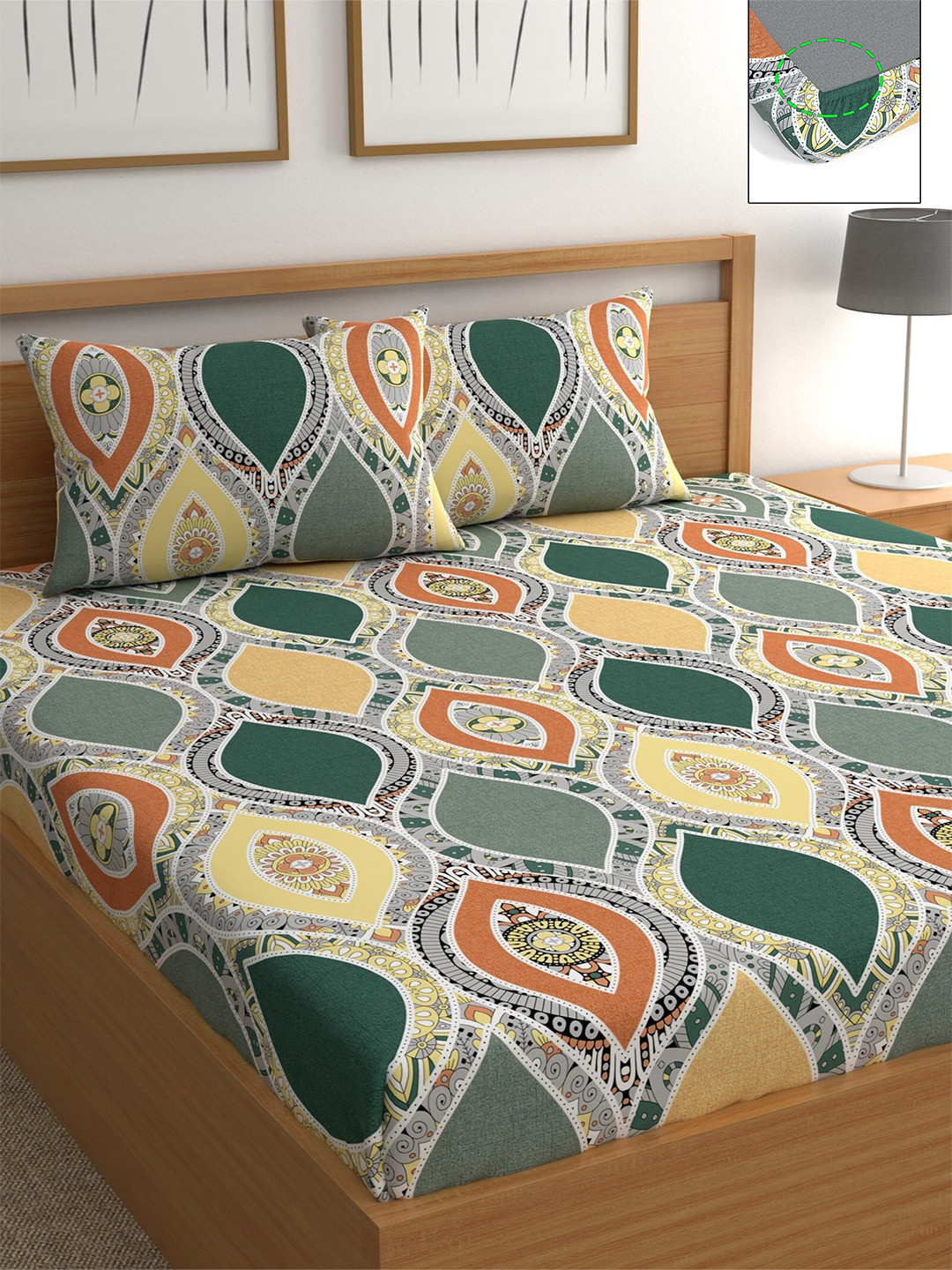 

CHHAVI INDIA Olive Green & Yellow Ethnic Motifs 210 TC Queen Bedsheet with 2 Pillow Covers