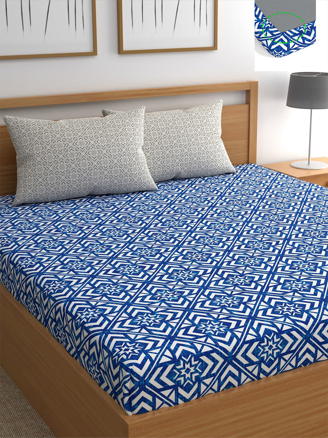 

CHHAVI INDIA Blue & Off White Geometric 210 TC Queen Bedsheet with 2 Pillow Covers