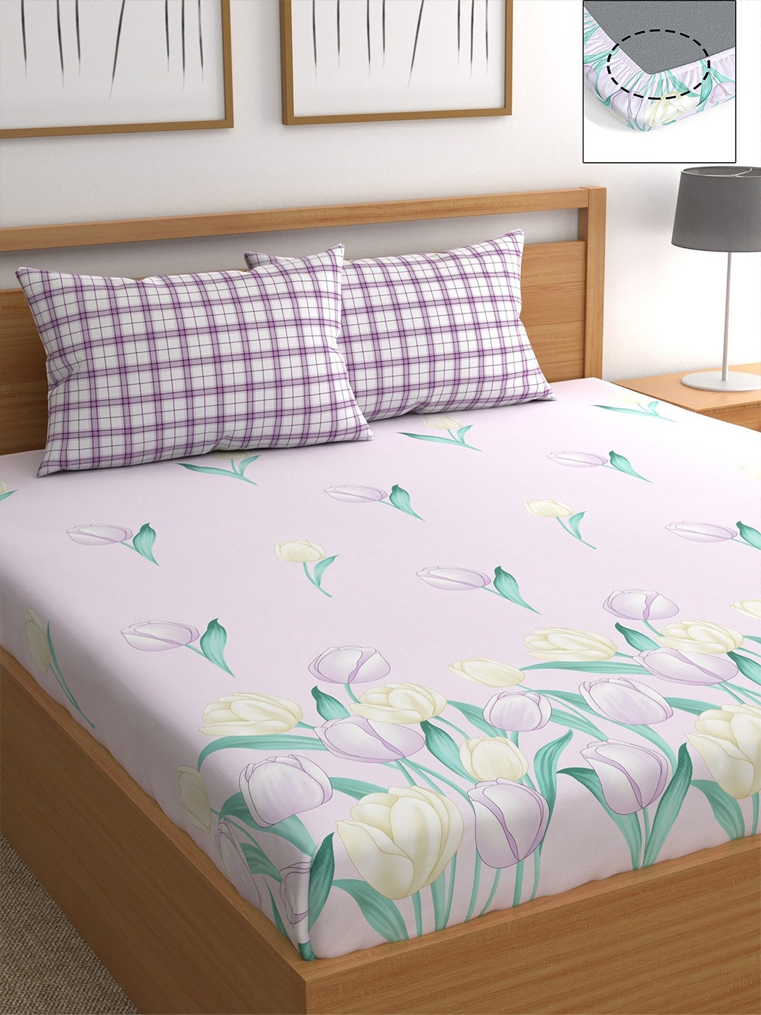 

CHHAVI INDIA Purple & Green Floral 210 TC Queen Bedsheet with 2 Pillow Covers