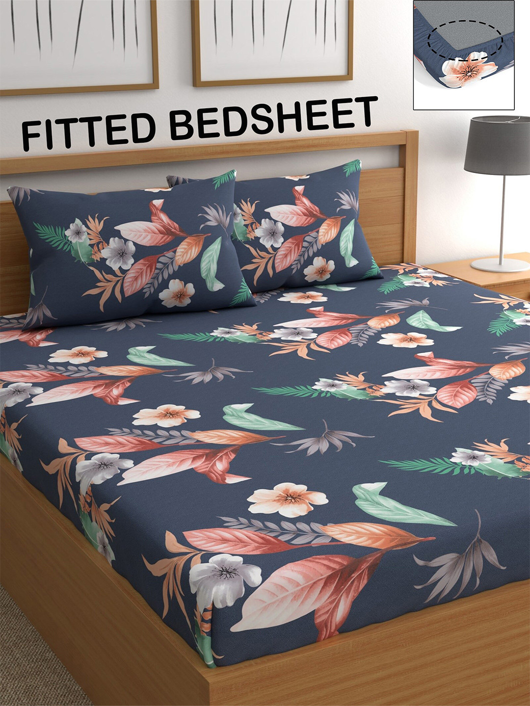 

CHHAVI INDIA Blue & Grey Floral 210 TC Queen Bedsheet with 2 Pillow Covers