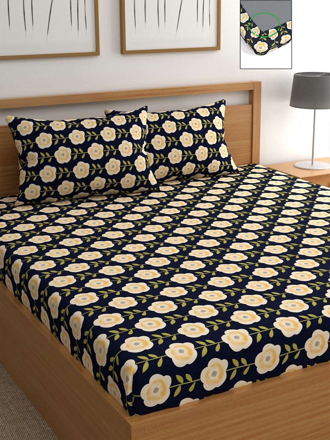 

CHHAVI INDIA Navy Blue & Yellow Floral 210 TC Queen Bedsheet with 2 Pillow Covers