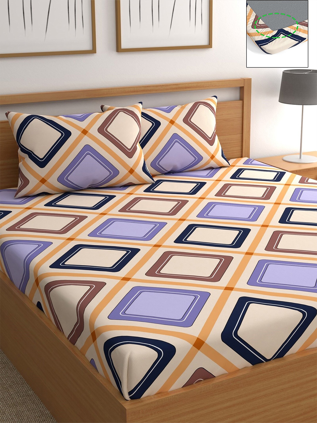 

CHHAVI INDIA Beige & Blue Geometric 210 TC Queen Bedsheet with 2 Pillow Covers