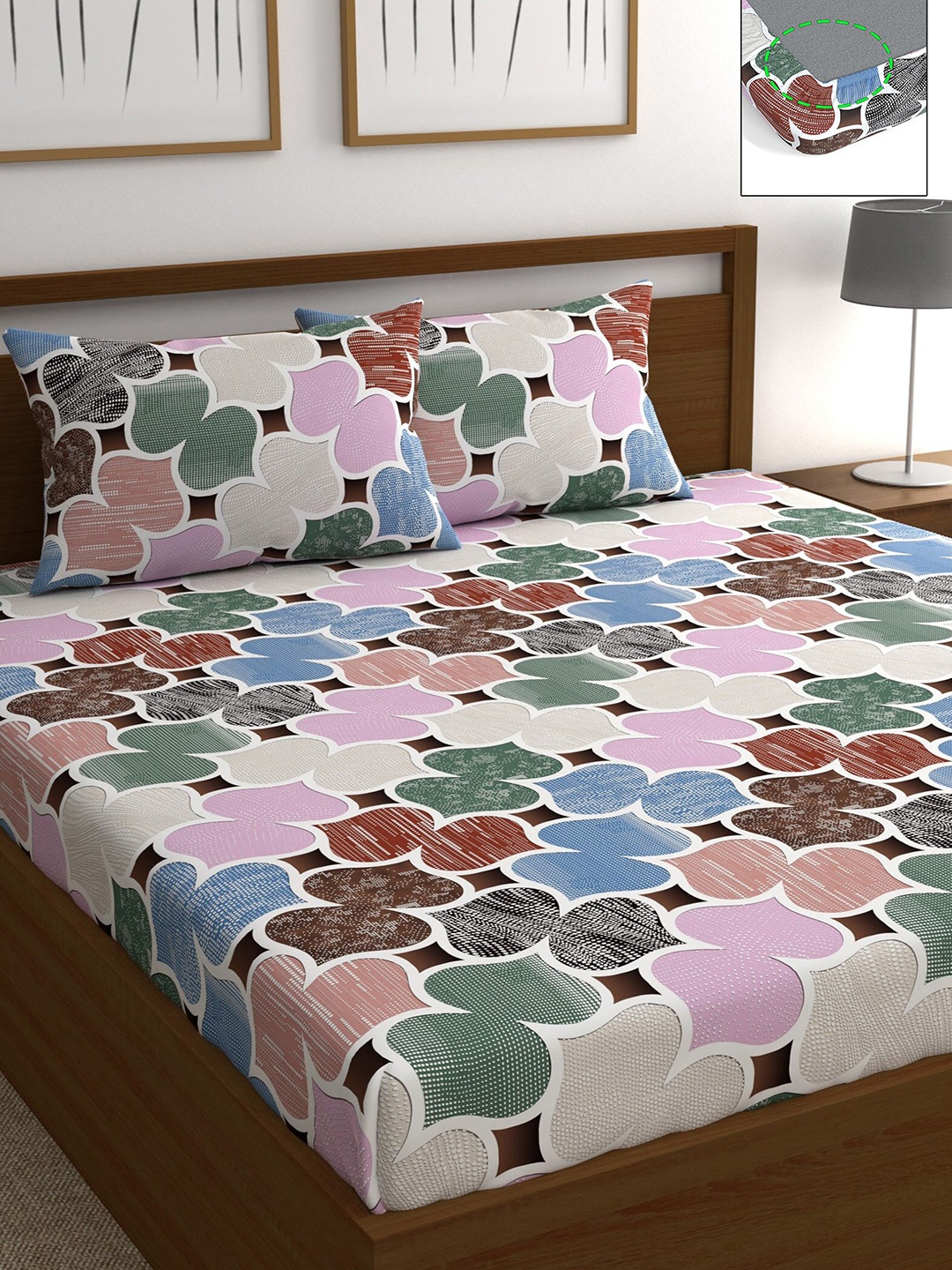 

CHHAVI INDIA Pink & Blue Geometric 210 TC Queen Bedsheet with 2 Pillow Covers