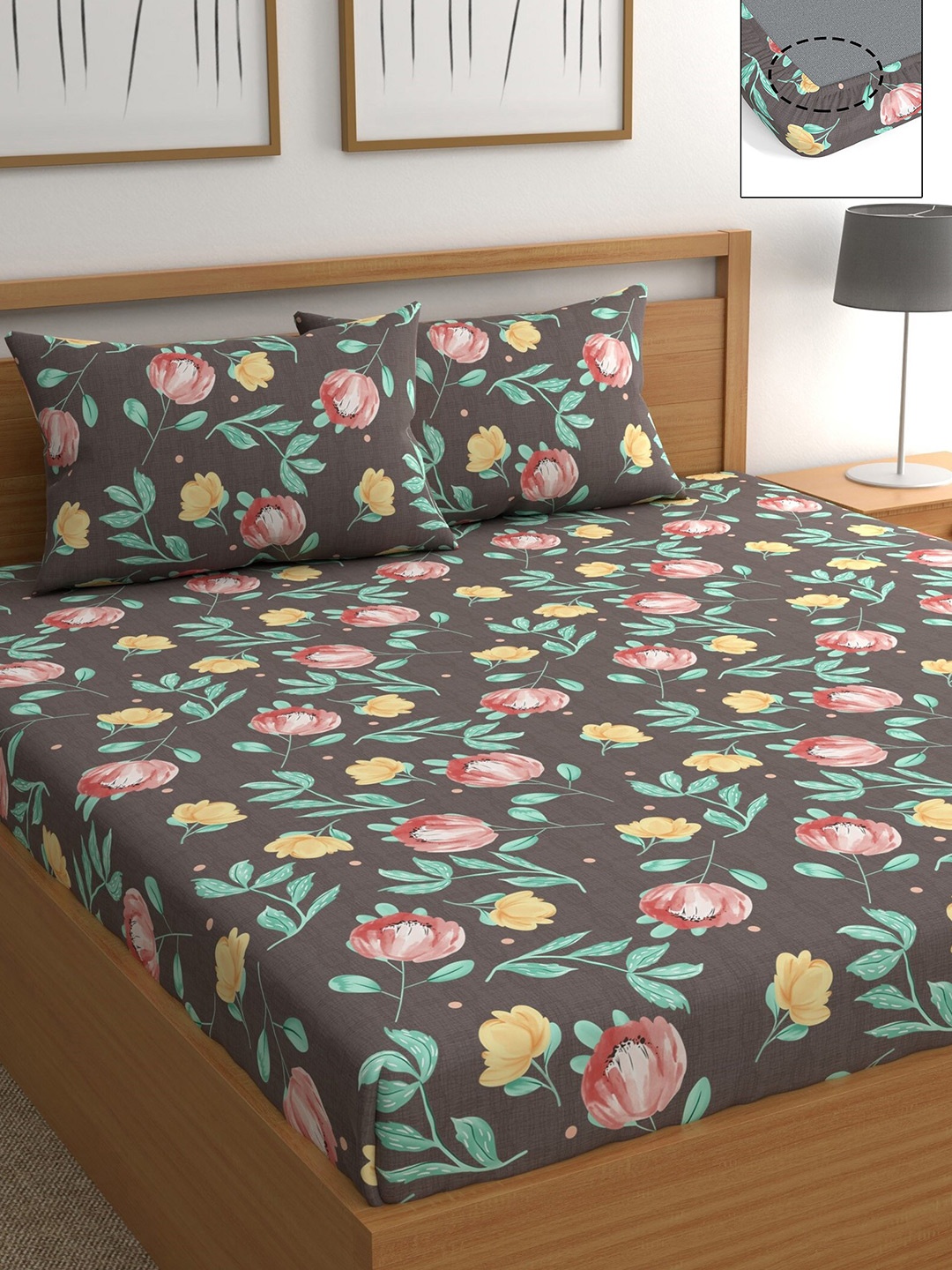 

CHHAVI INDIA Grey & Pink Floral 210 TC Queen Bedsheet with 2 Pillow Covers