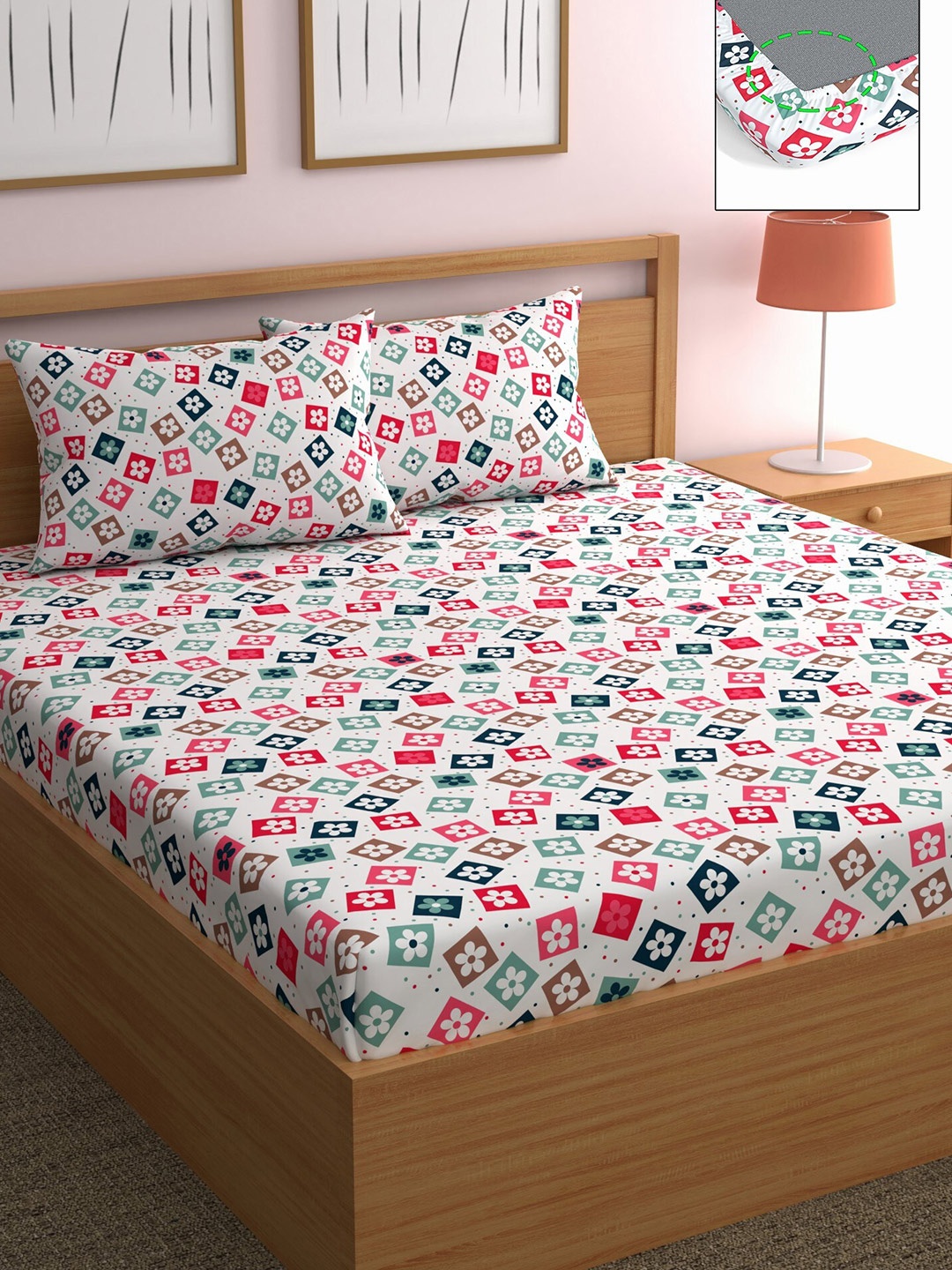

CHHAVI INDIA White & Blue Floral 210 TC Queen Bedsheet with 2 Pillow Covers