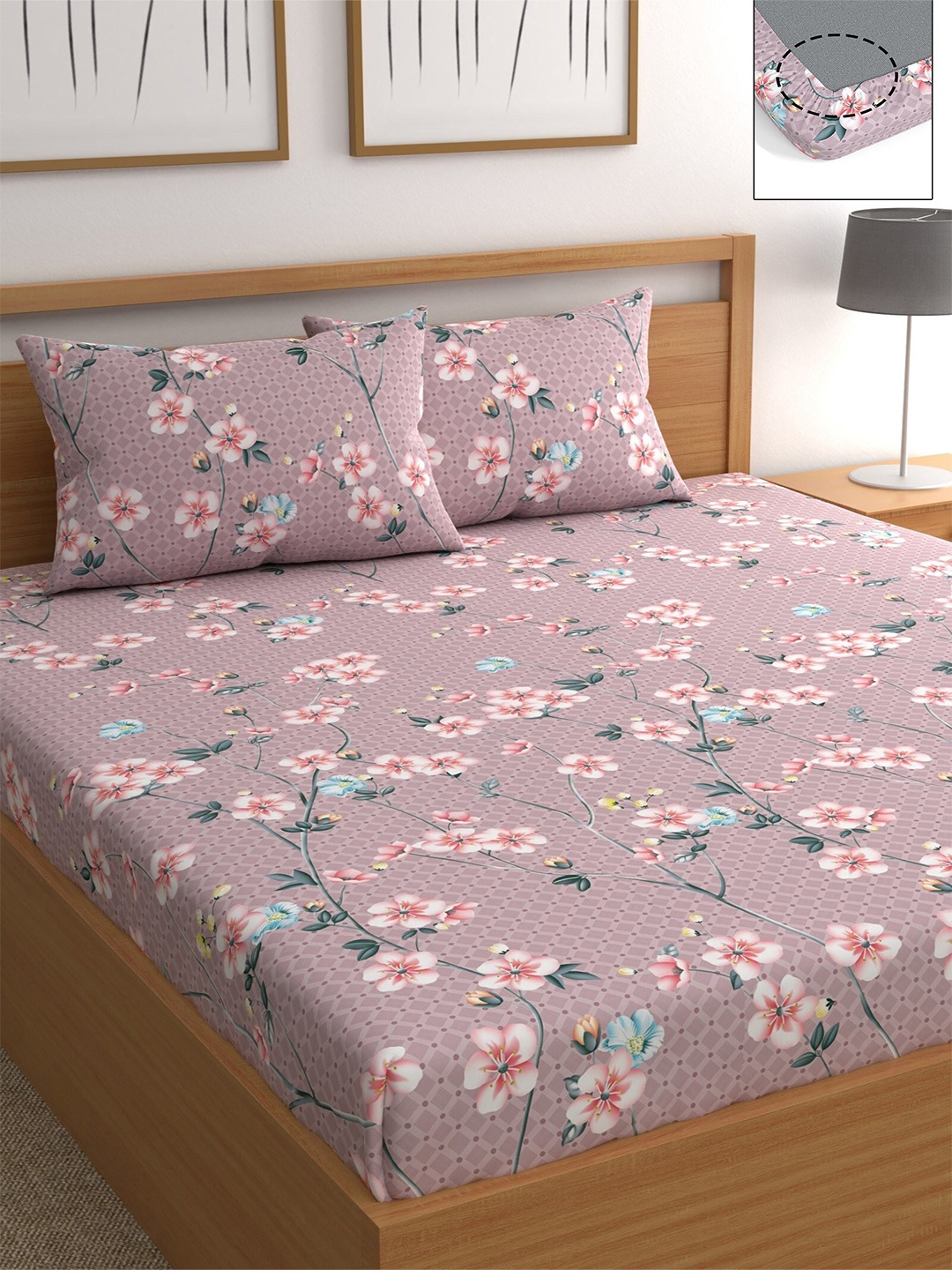 

CHHAVI INDIA Purple & Blue Floral 210 TC Queen Bedsheet with 2 Pillow Covers