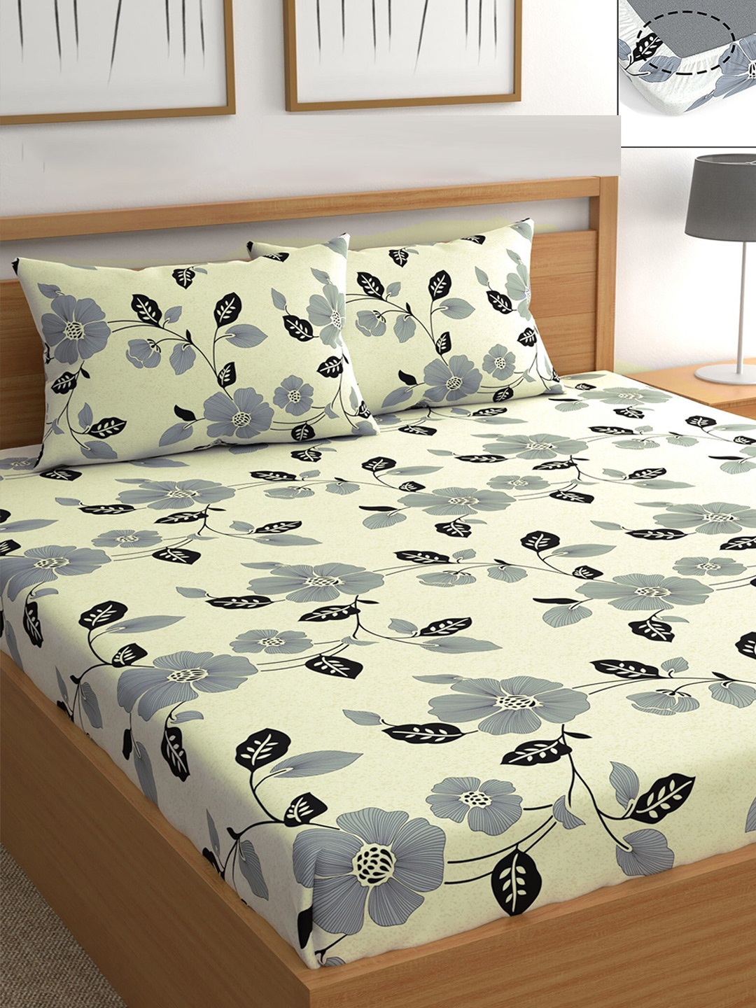 

CHHAVI INDIA Off White & Grey Floral 210 TC Queen Bedsheet with 2 Pillow Covers