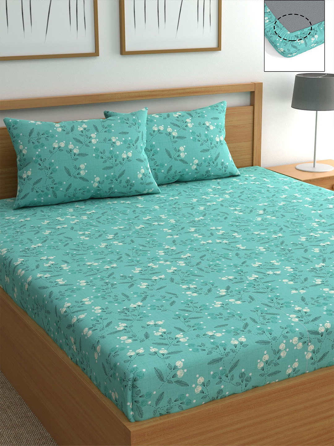 

CHHAVI INDIA Sea Green & White Floral 210 TC Queen Bedsheet with 2 Pillow Covers