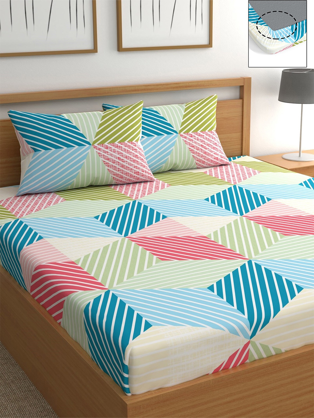 

CHHAVI INDIA Green & Pink Geometric 210 TC Queen Bedsheet with 2 Pillow Covers