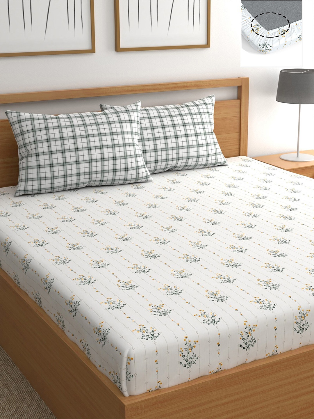 

CHHAVI INDIA White & Grey Floral 210 TC Queen Bedsheet with 2 Pillow Covers