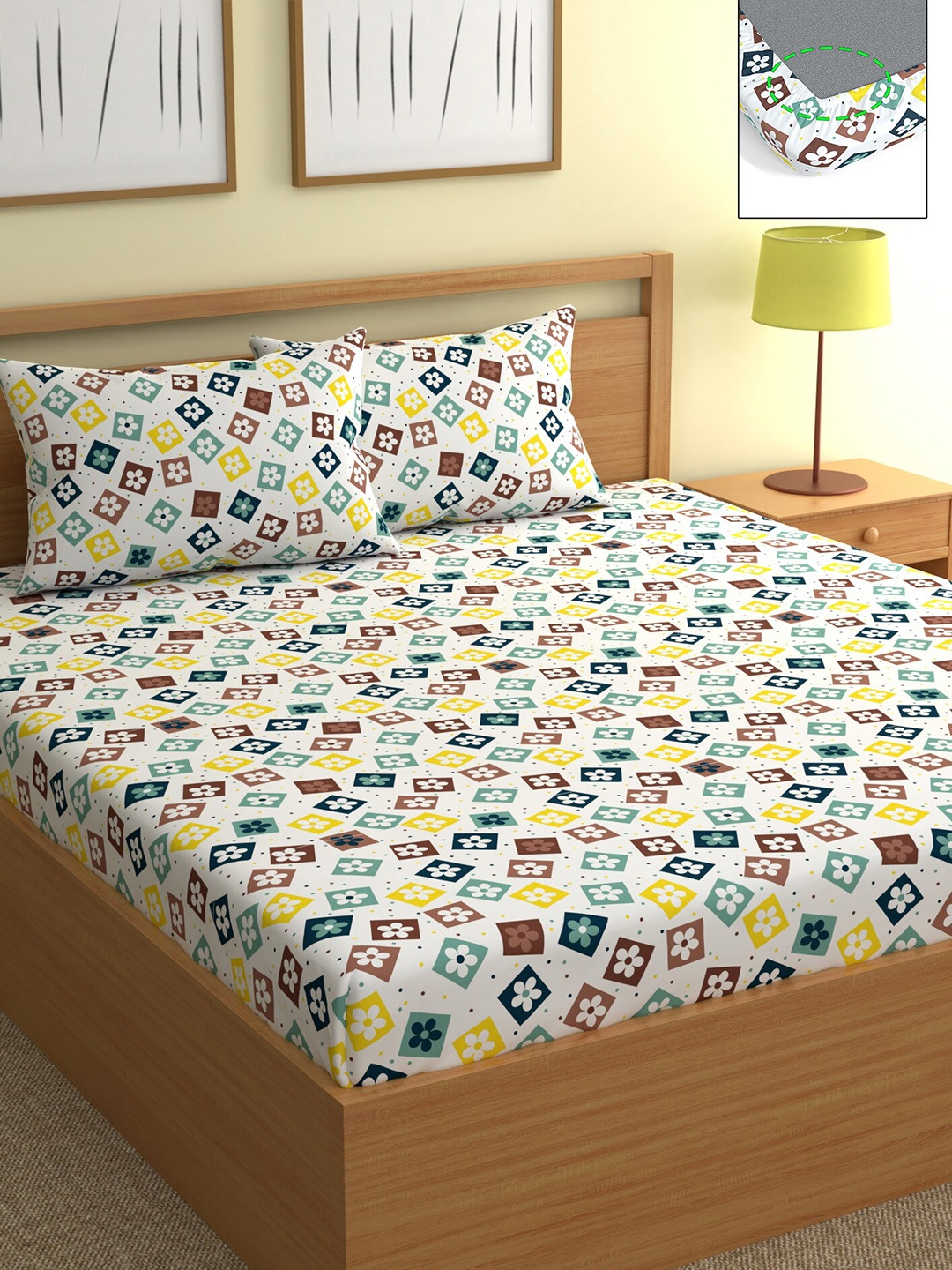 

CHHAVI INDIA Yellow & Blue Floral 210 TC Queen Bedsheet with 2 Pillow Covers