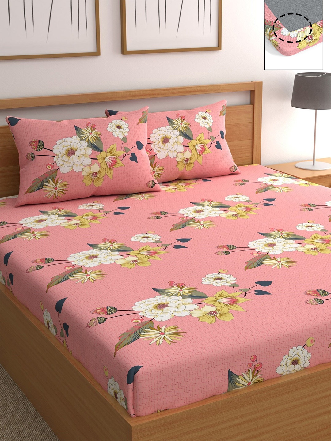 

CHHAVI INDIA Pink & White Floral 210 TC Queen Bedsheet with 2 Pillow Covers