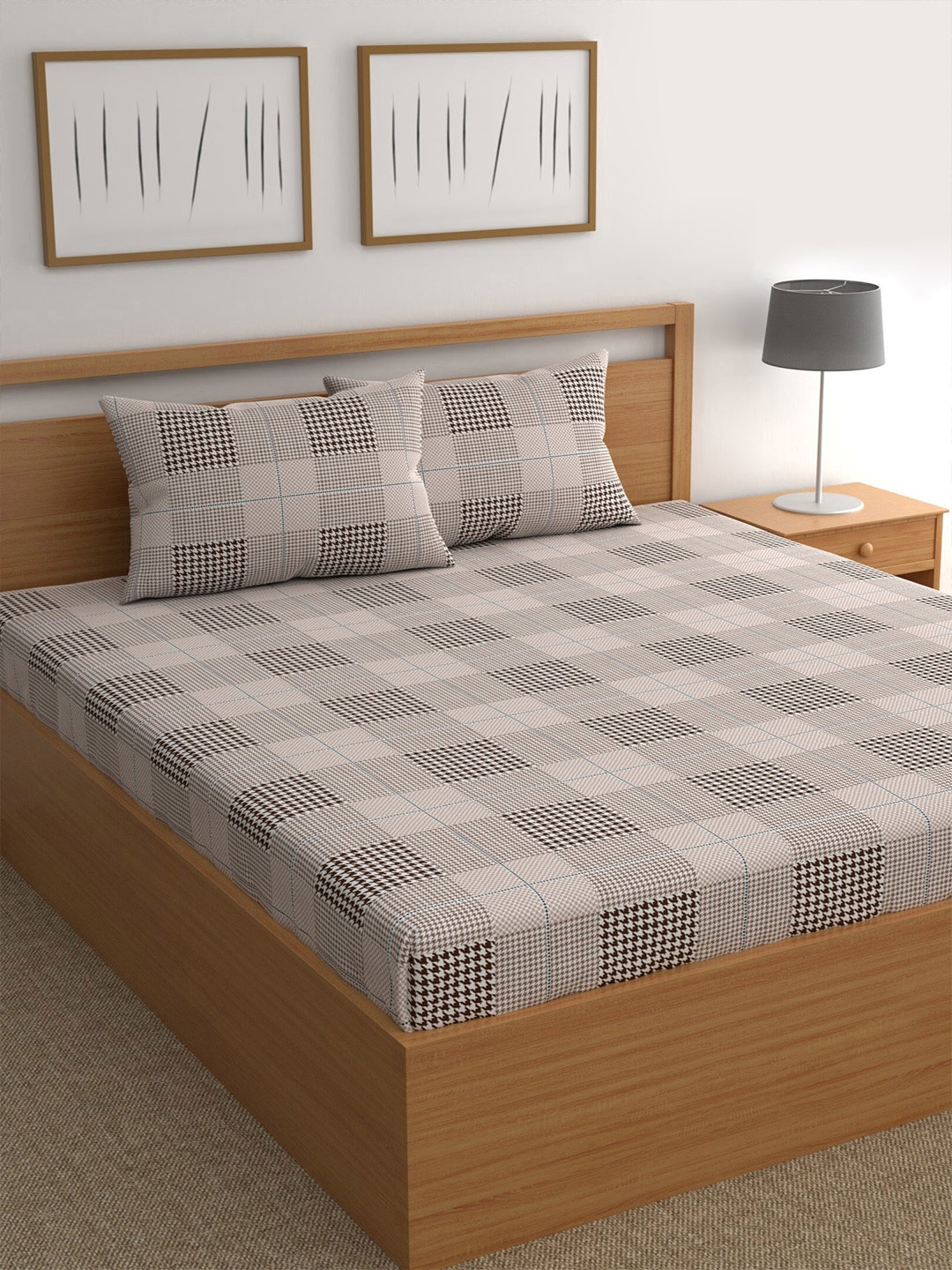 

CHHAVI INDIA Brown & Grey Geometric 210 TC Queen Bedsheet with 2 Pillow Covers