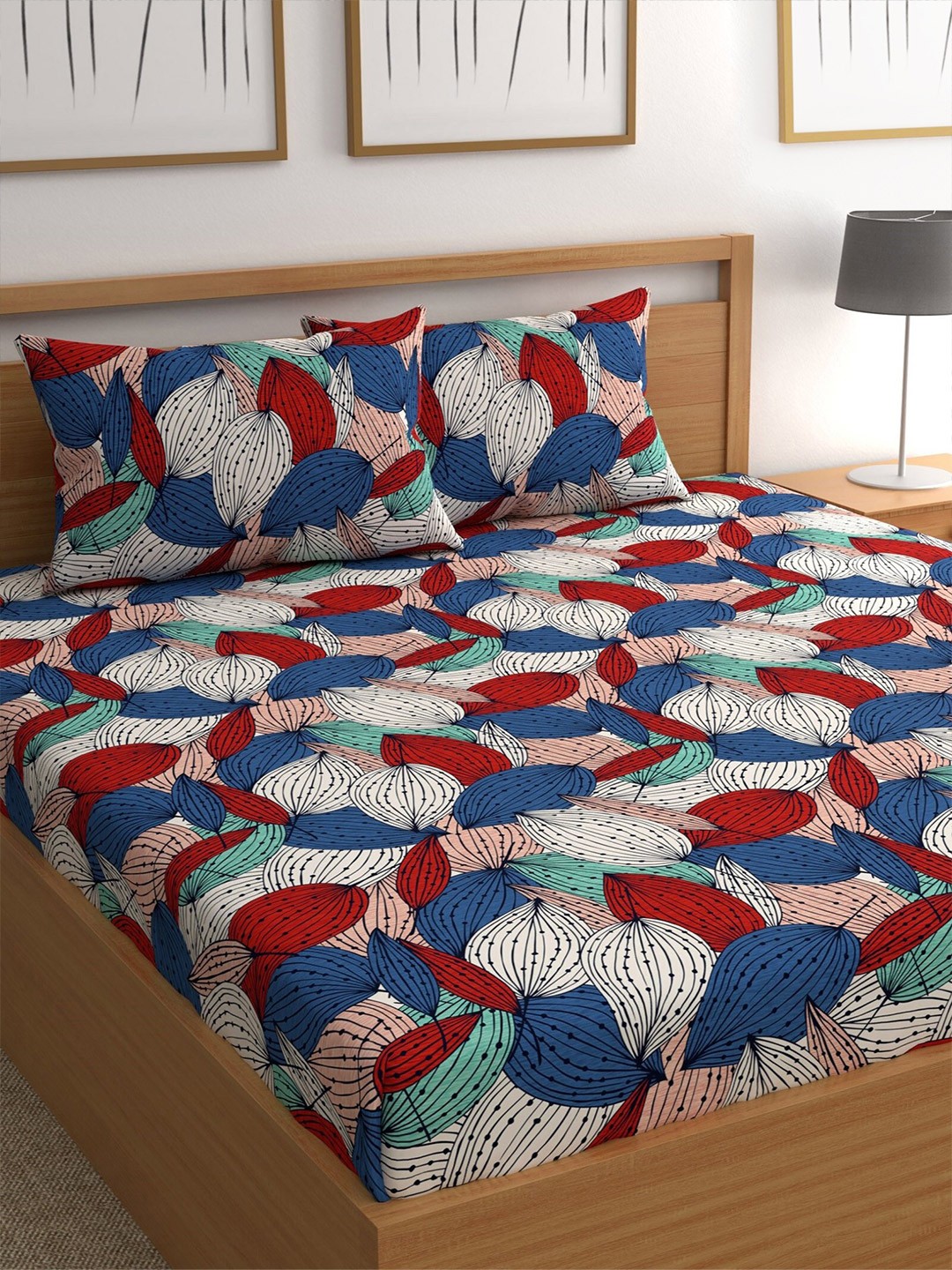 

CHHAVI INDIA Blue & Red Printed 210 TC Queen Bedsheet with 2 Pillow Covers