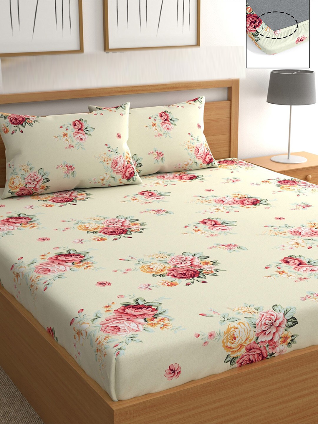 

CHHAVI INDIA Cream-Coloured & Pink Floral 210 TC Queen Bedsheet with 2 Pillow Covers