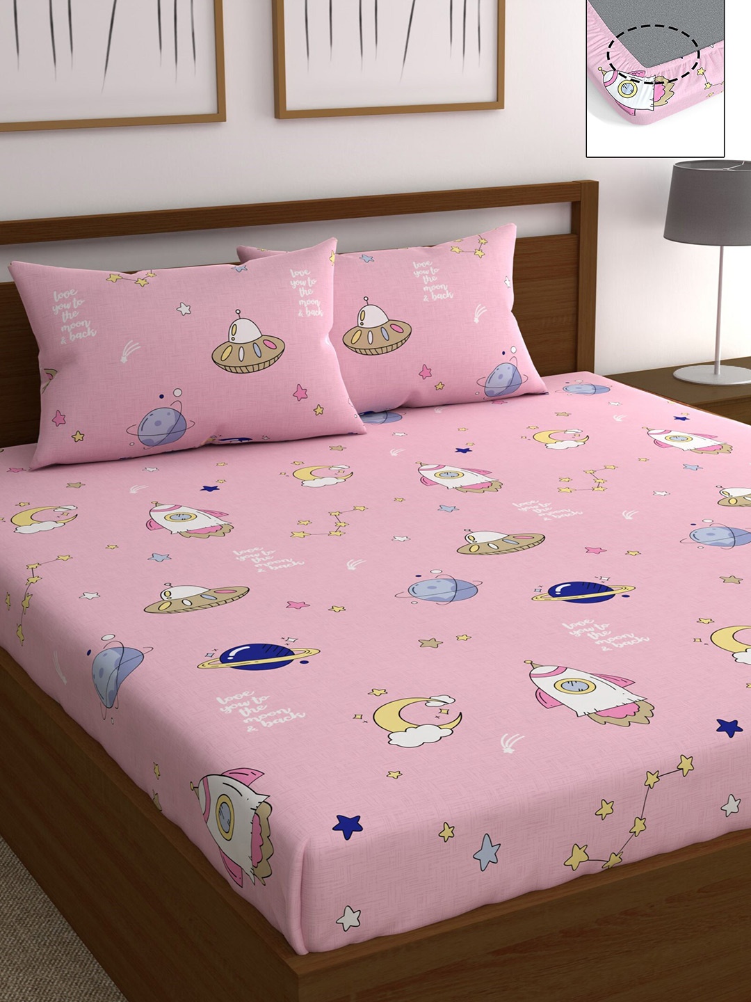 

CHHAVI INDIA Pink & Blue Graphic 210 TC Queen Bedsheet with 2 Pillow Covers