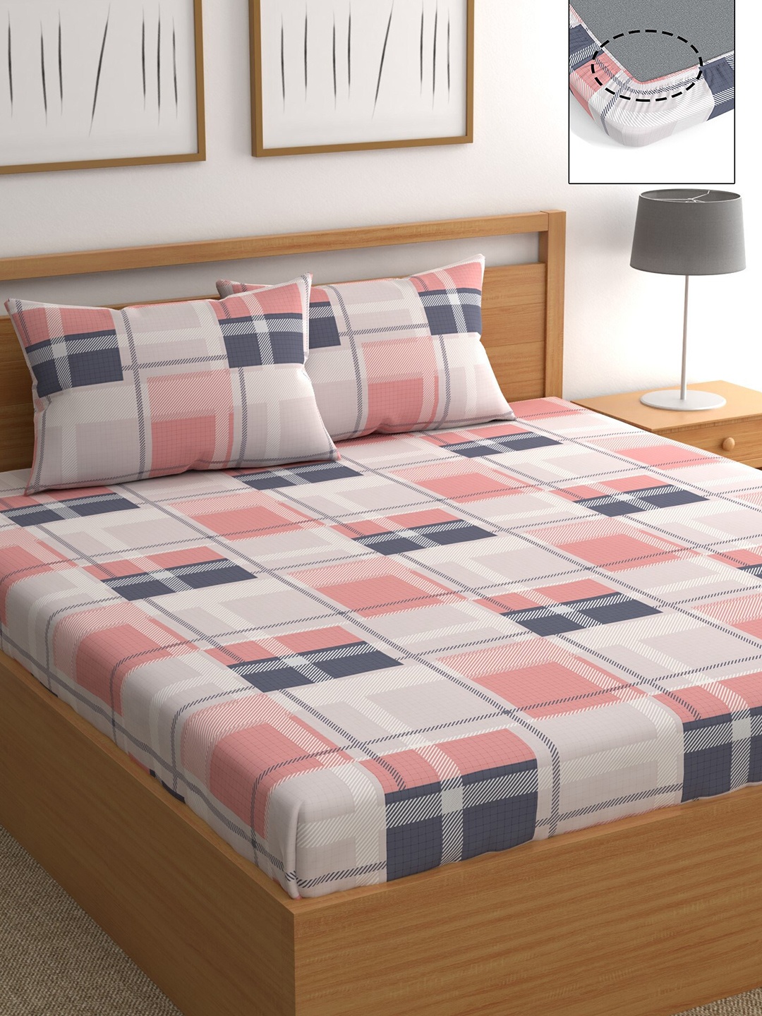 

CHHAVI INDIA White & Pink Geometric 210 TC Queen Bedsheet with 2 Pillow Covers