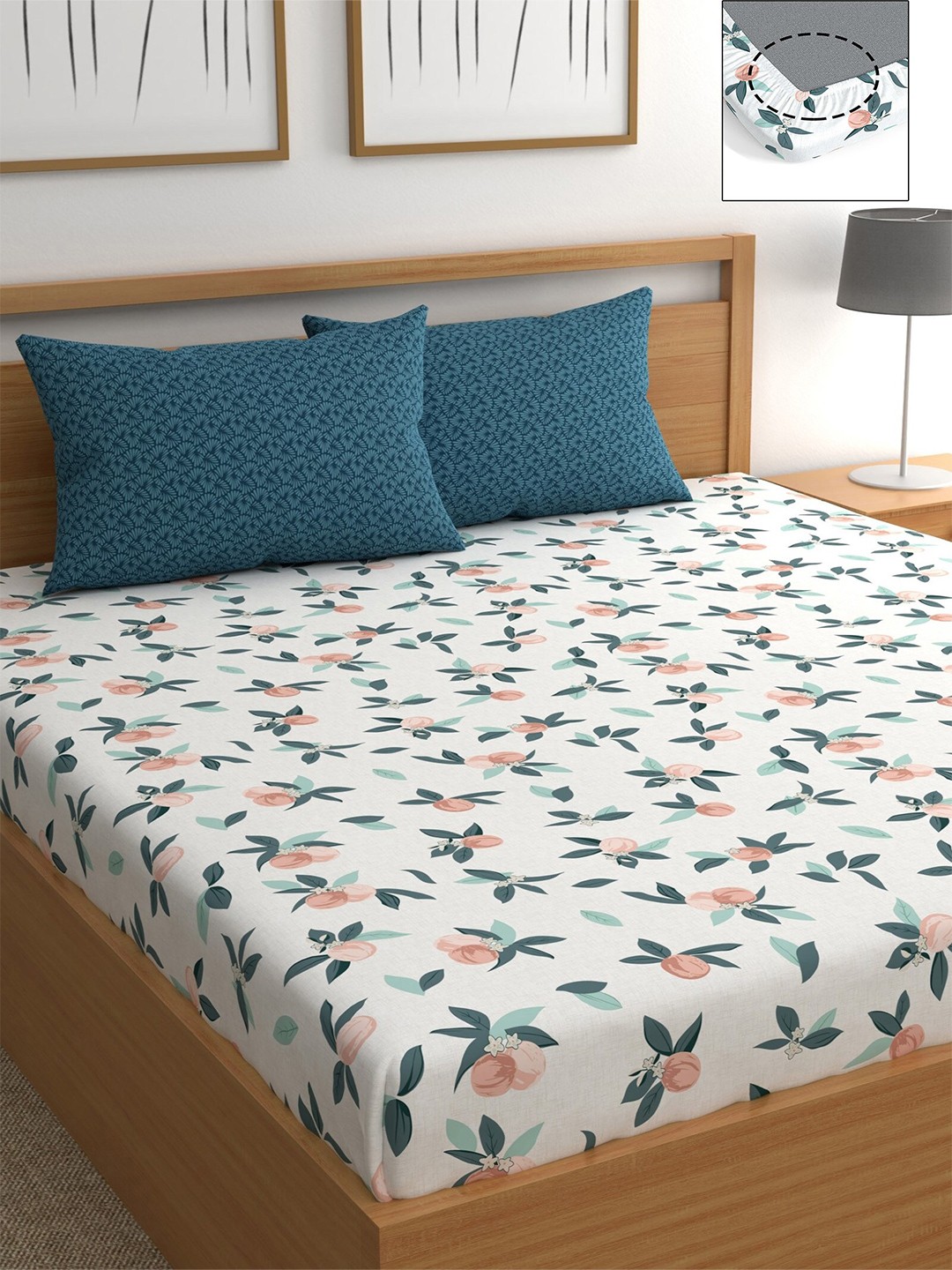 

CHHAVI INDIA White & Blue Floral 210 TC Queen Bedsheet with 2 Pillow Covers