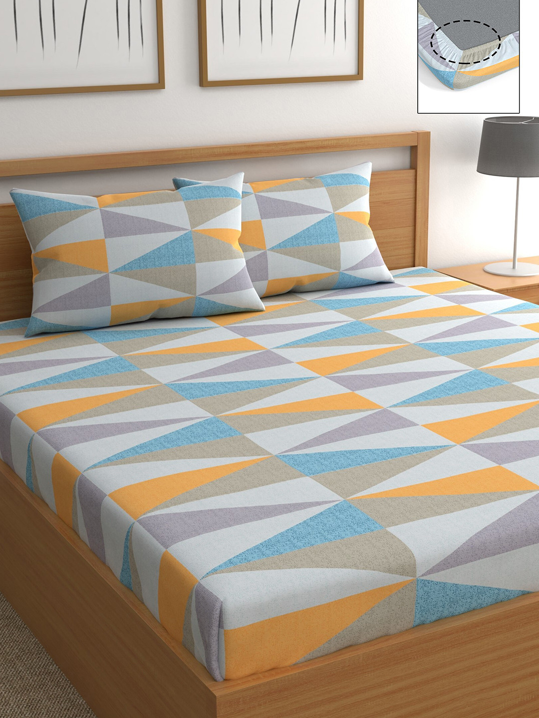 

CHHAVI INDIA Grey & Purple Geometric 210 TC Queen Bedsheet with 2 Pillow Covers