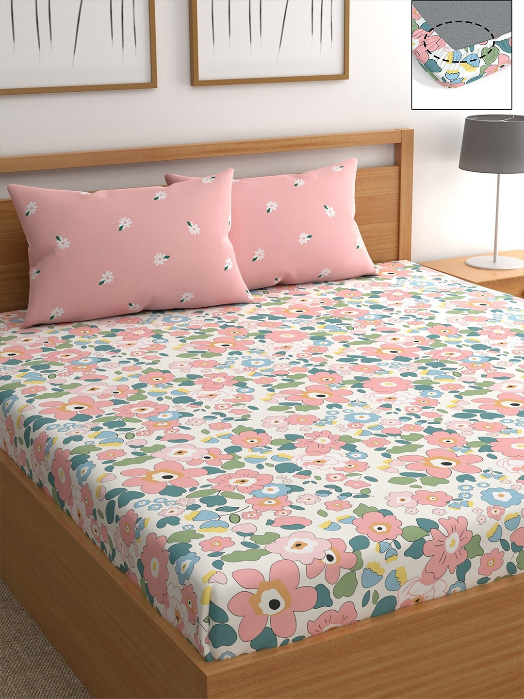 

CHHAVI INDIA Pink & Blue Floral 210 TC Queen Bedsheet with 2 Pillow Covers