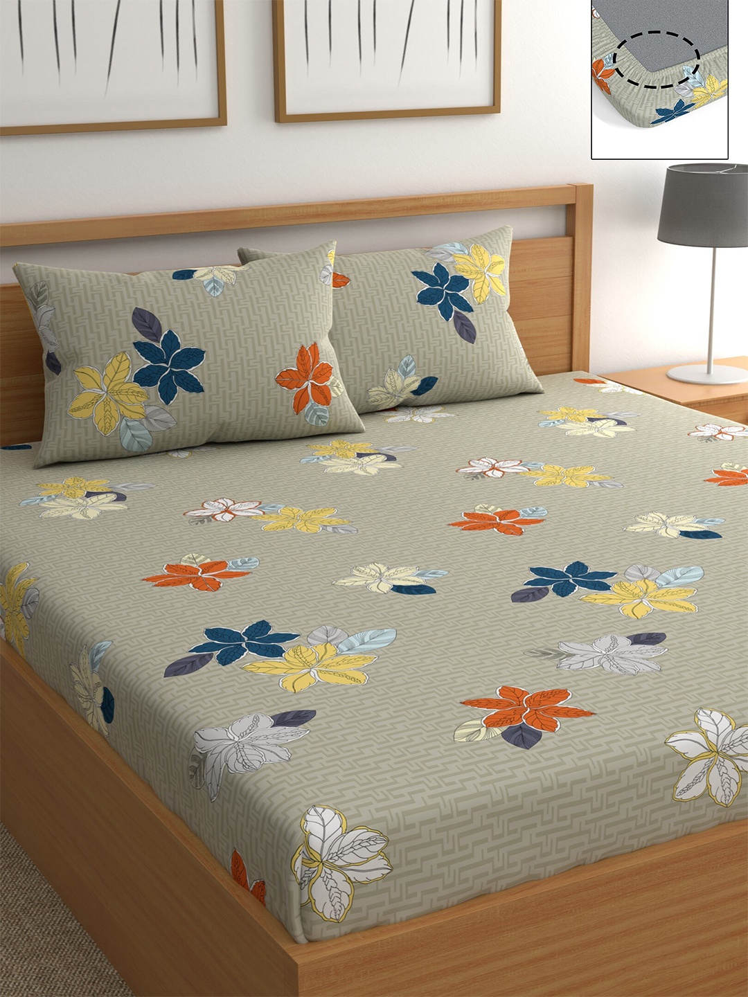 

CHHAVI INDIA Grey & Blue Floral 210 TC Queen Bedsheet with 2 Pillow Covers
