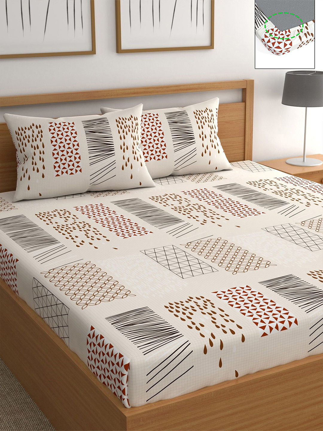 

CHHAVI INDIA Beige & Maroon Geometric 210 TC Queen Bedsheet with 2 Pillow Covers