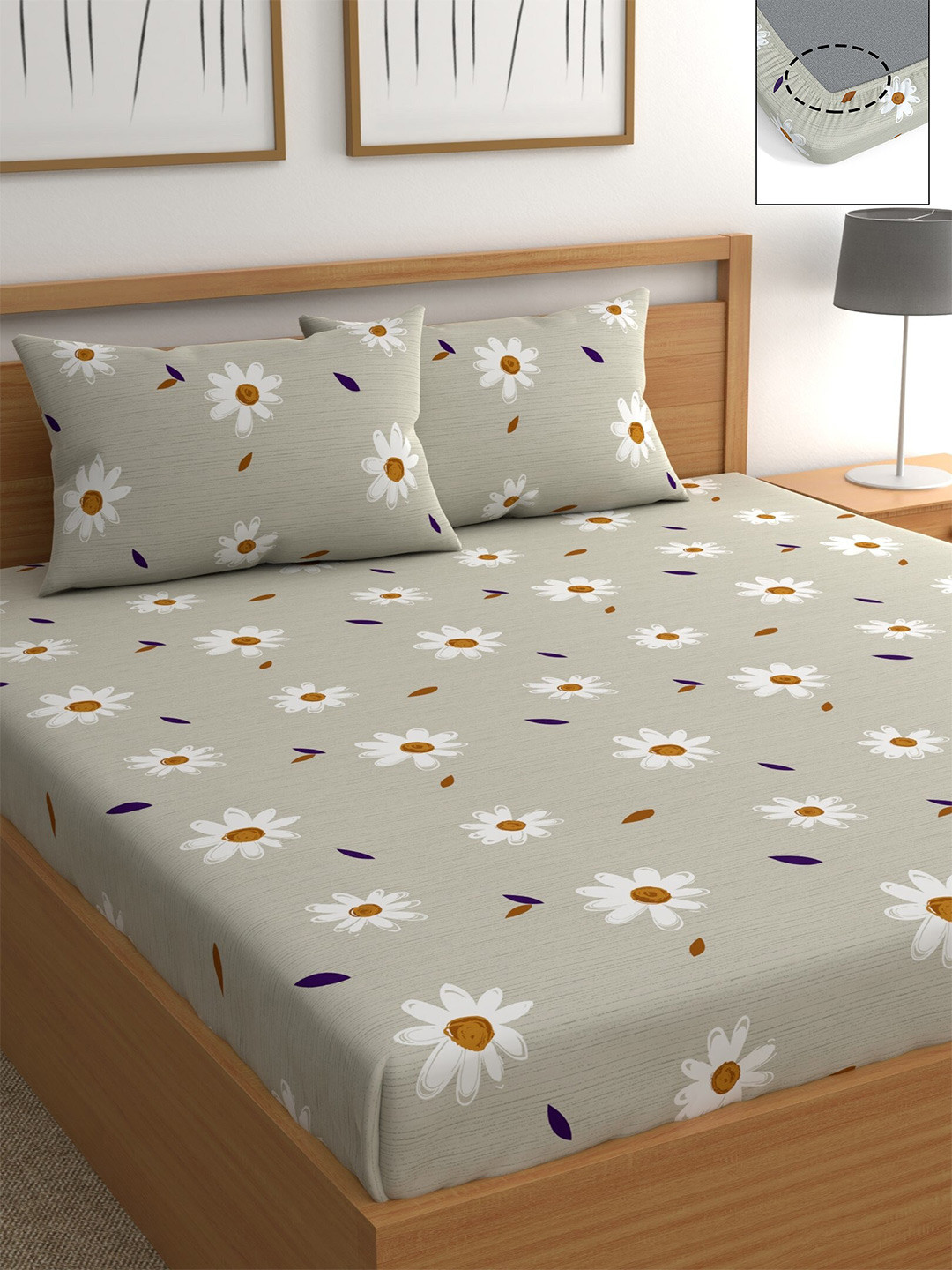 

CHHAVI INDIA Grey & White Floral 210 TC Queen Bedsheet with 2 Pillow Covers