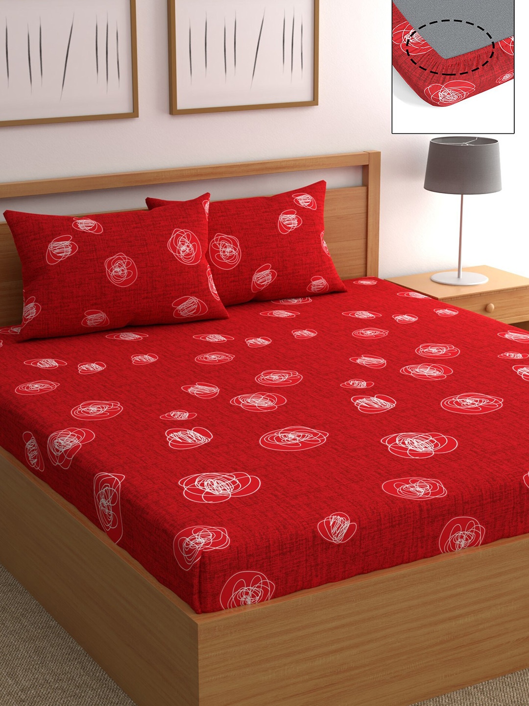 

CHHAVI INDIA Red & White Floral 210 TC Queen Bedsheet with 2 Pillow Covers