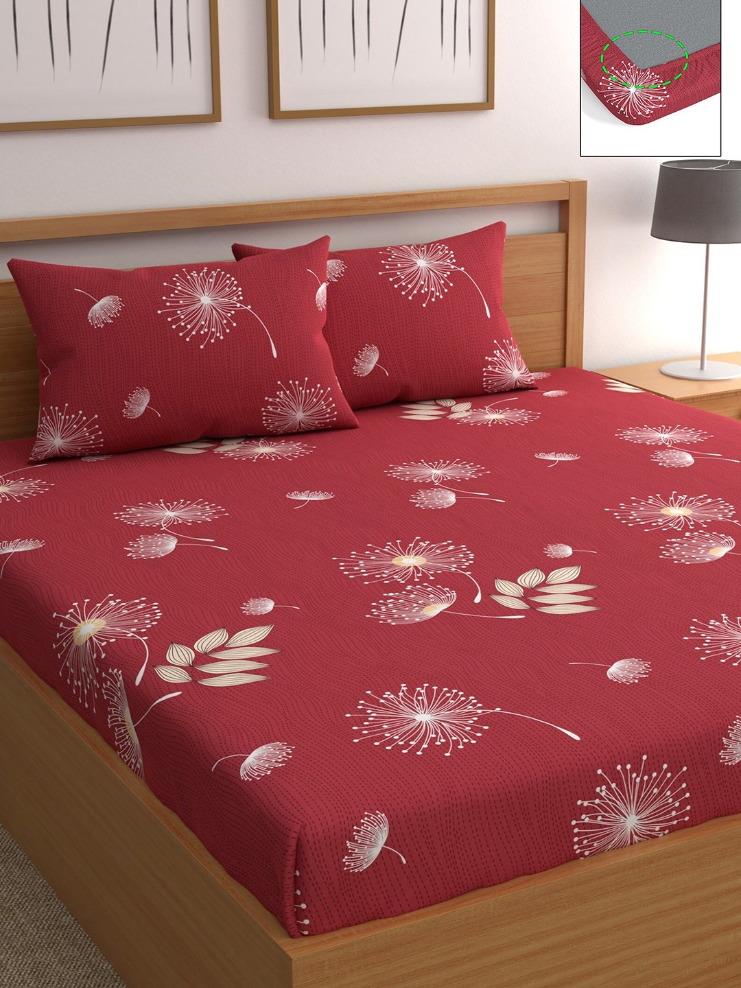 

CHHAVI INDIA Red Floral 210 TC Queen Bedsheet with 2 Pillow Covers
