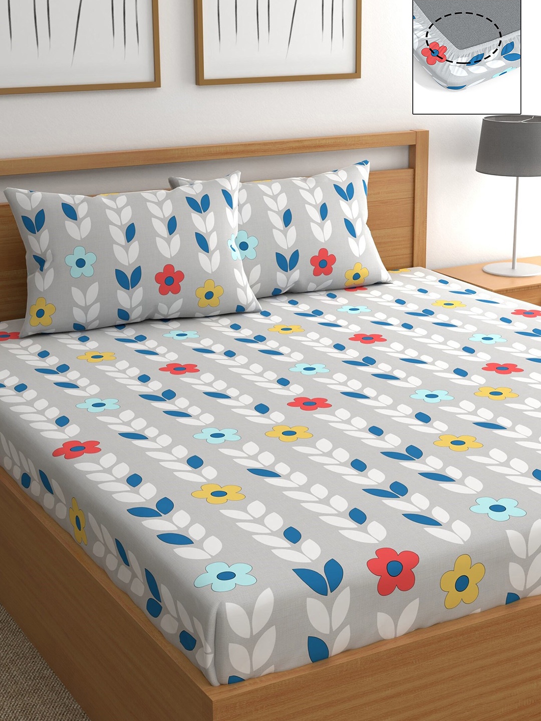 

CHHAVI INDIA Grey & White Floral 210 TC Queen Bedsheet with 2 Pillow Covers