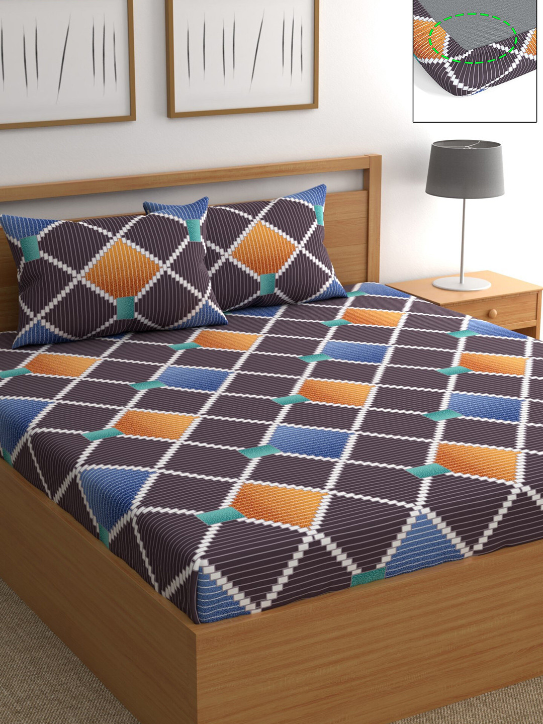 

CHHAVI INDIA Grey & Blue Geometric 210 TC Queen Bedsheet with 2 Pillow Covers