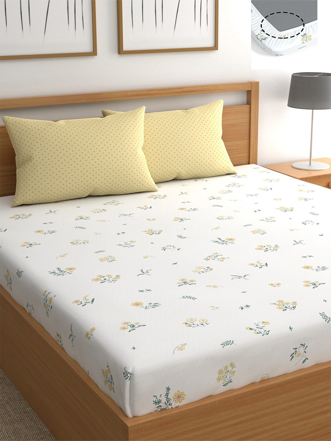 

CHHAVI INDIA White & Yellow Floral 210 TC Queen Bedsheet with 2 Pillow Covers