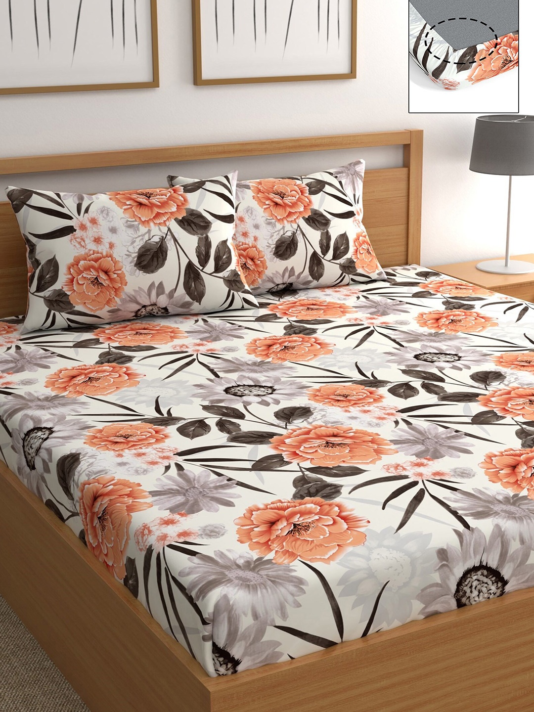 

CHHAVI INDIA 210 TC White & Orange Floral Queen Bedsheet with 2 Pillow Covers