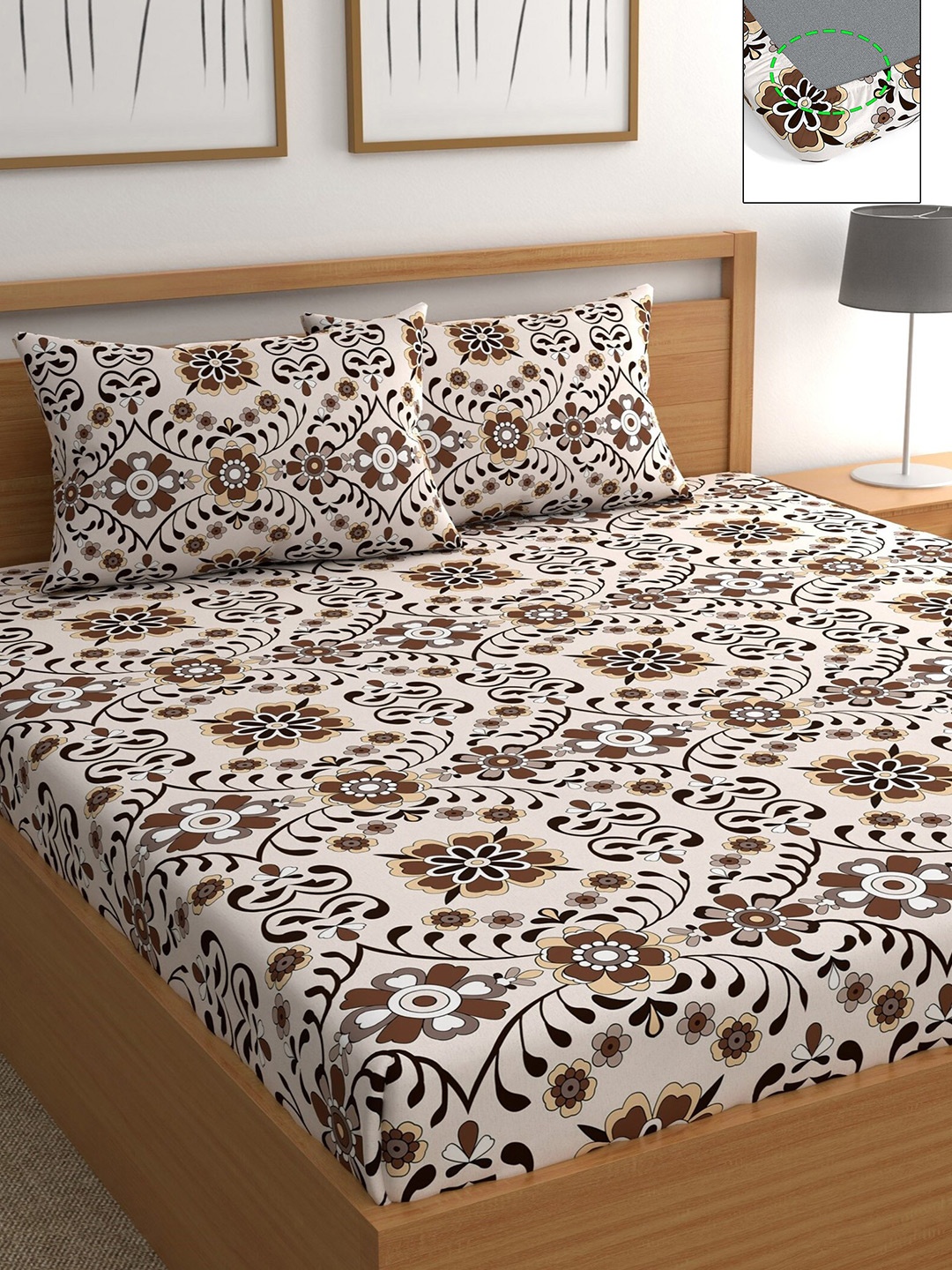 

CHHAVI INDIA Cream-Coloured & Black Floral 210 TC Queen Bedsheet with 2 Pillow Covers