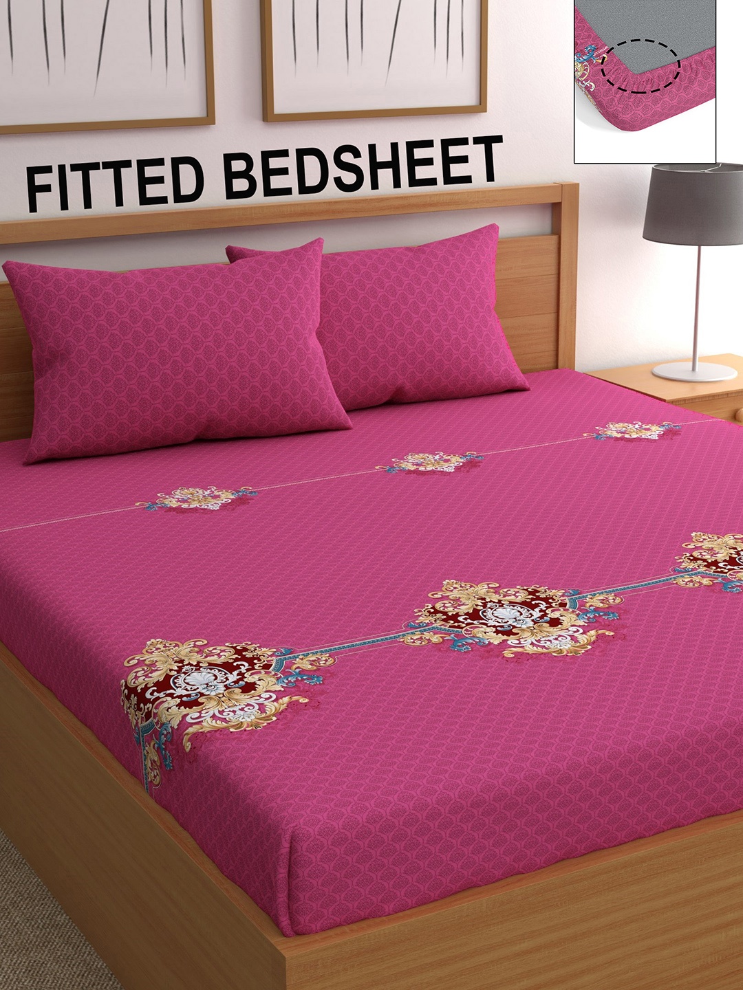 

CHHAVI INDIA Magenta & Beige Floral 210 TC Queen Bedsheet with 2 Pillow Covers