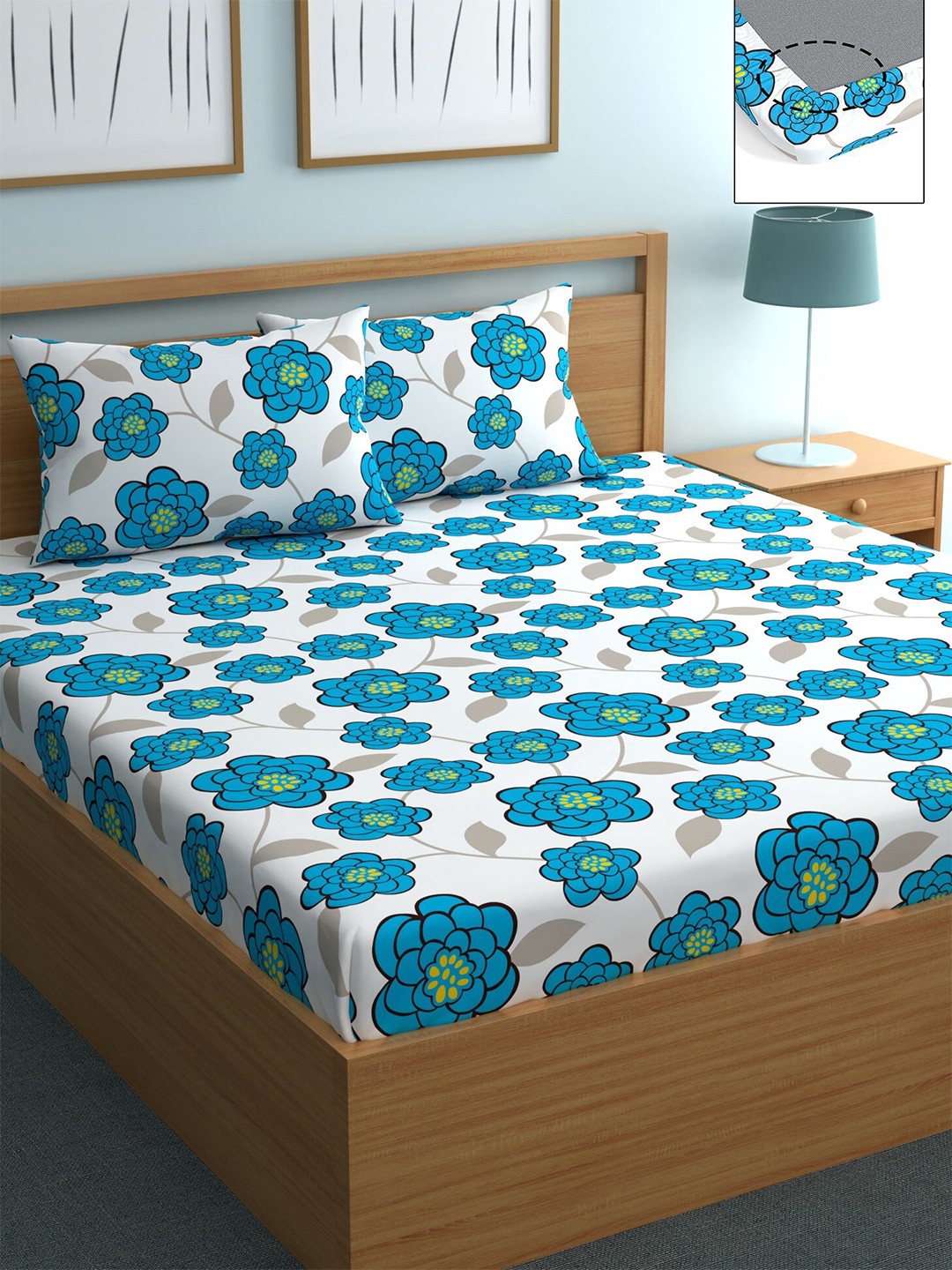 

CHHAVI INDIA Turquoise Blue & White Floral 210 TC Queen Bedsheet with 2 Pillow Covers